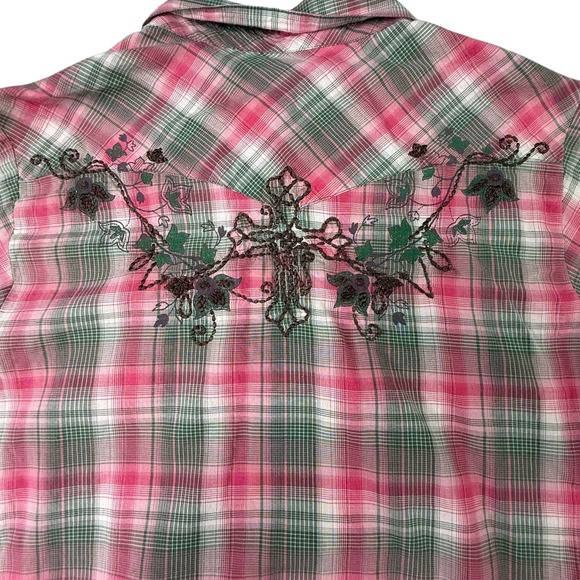 Rock 47 By Wrangler Womens Shirt Size Medium Pink Plaid Pearl Snap Western - Picture 4 of 11